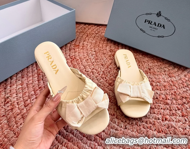 Top Grade Prada Bow Light Yellow Leather Flat Slides Sandals 6051003 Yellow