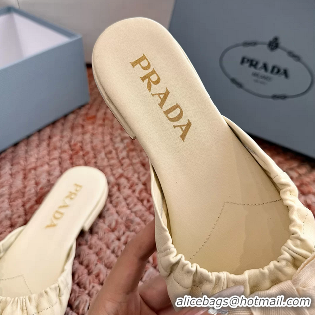 Top Grade Prada Bow Light Yellow Leather Flat Slides Sandals 6051003 Yellow