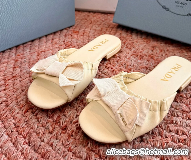 Top Grade Prada Bow Light Yellow Leather Flat Slides Sandals 6051003 Yellow