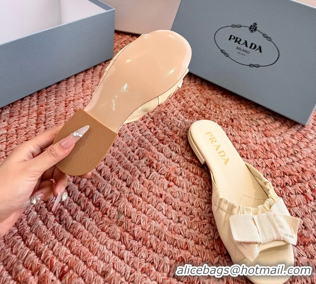 Top Grade Prada Bow Light Yellow Leather Flat Slides Sandals 6051003 Yellow