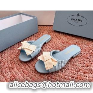 Unique Style Prada Bow Light Blue Leather Flat Slides Sandals 6051003 Blue