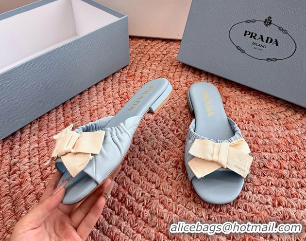 Unique Style Prada Bow Light Blue Leather Flat Slides Sandals 6051003 Blue