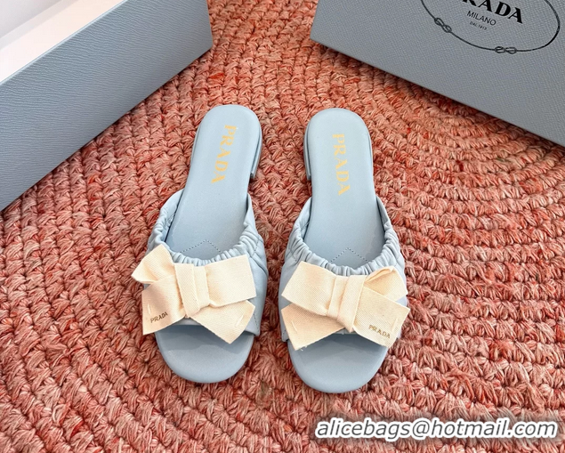 Unique Style Prada Bow Light Blue Leather Flat Slides Sandals 6051003 Blue