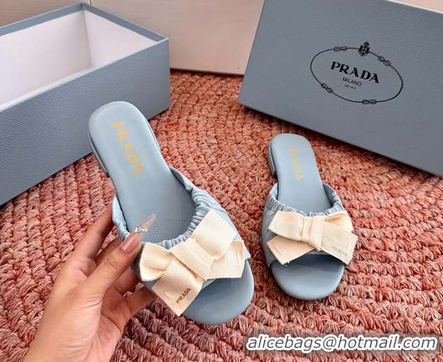 Unique Style Prada Bow Light Blue Leather Flat Slides Sandals 6051003 Blue