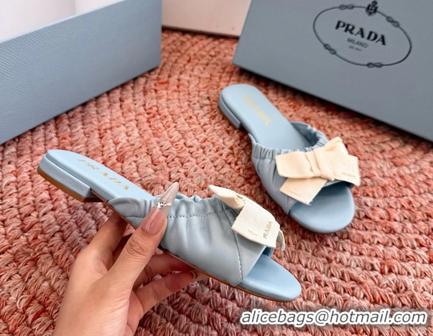 Unique Style Prada Bow Light Blue Leather Flat Slides Sandals 6051003 Blue