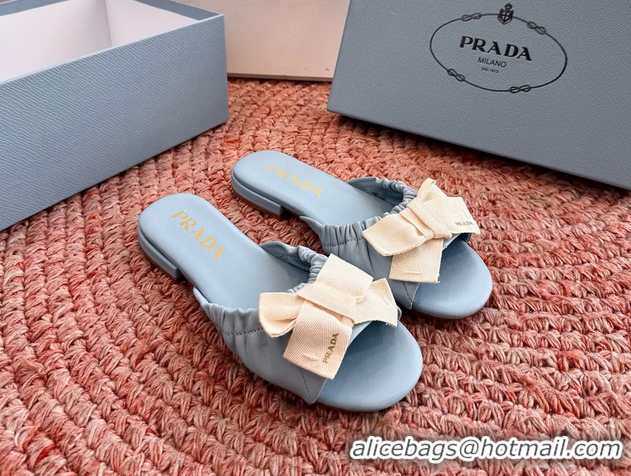 Unique Style Prada Bow Light Blue Leather Flat Slides Sandals 6051003 Blue