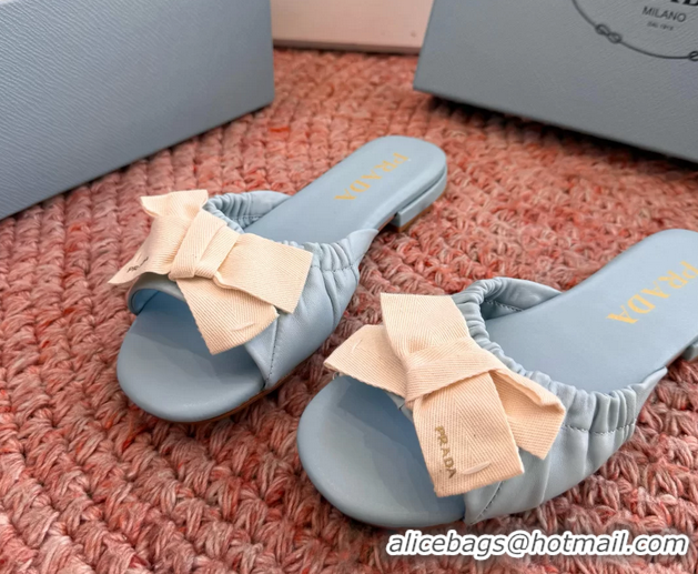 Unique Style Prada Bow Light Blue Leather Flat Slides Sandals 6051003 Blue