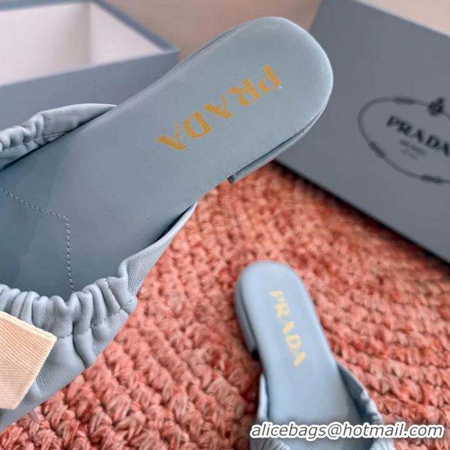 Unique Style Prada Bow Light Blue Leather Flat Slides Sandals 6051003 Blue