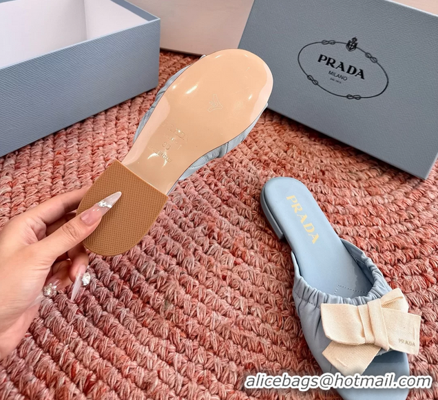 Unique Style Prada Bow Light Blue Leather Flat Slides Sandals 6051003 Blue