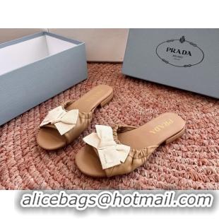 Good Quality Prada Bow Brown Leather Flat Slides Sandals 6051003 Brown