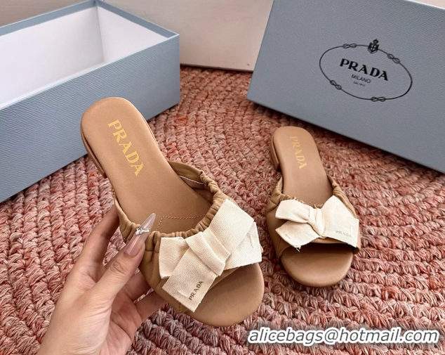Good Quality Prada Bow Brown Leather Flat Slides Sandals 6051003 Brown