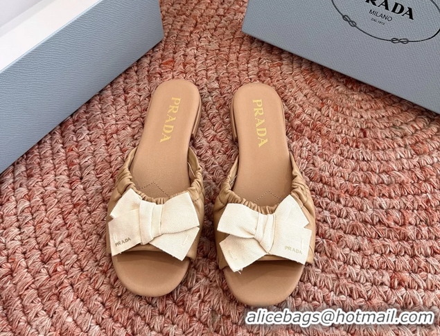 Good Quality Prada Bow Brown Leather Flat Slides Sandals 6051003 Brown