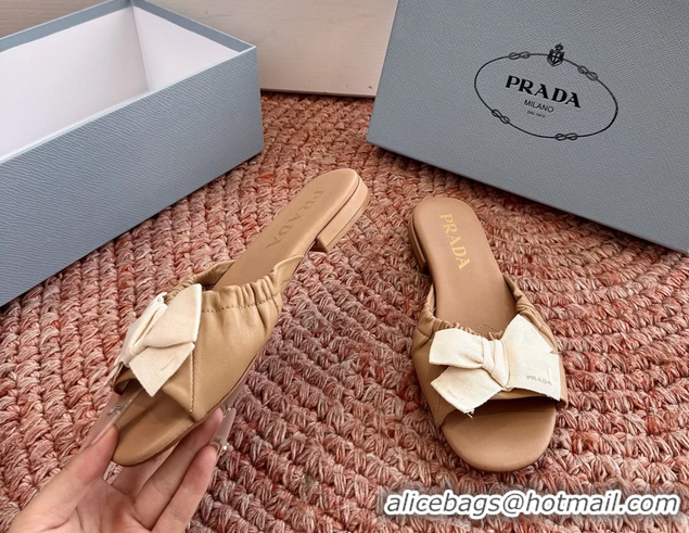 Good Quality Prada Bow Brown Leather Flat Slides Sandals 6051003 Brown