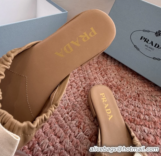 Good Quality Prada Bow Brown Leather Flat Slides Sandals 6051003 Brown