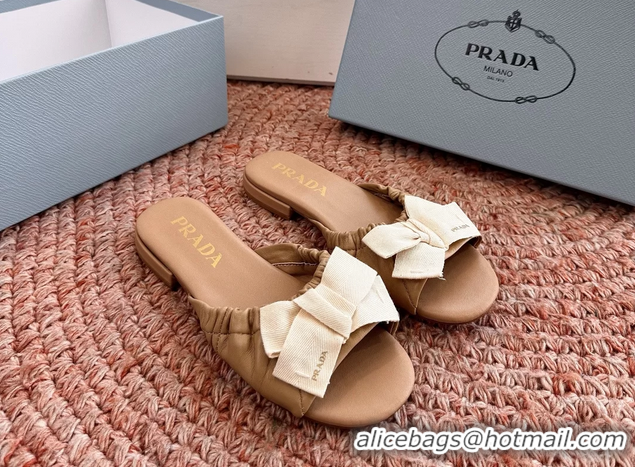 Good Quality Prada Bow Brown Leather Flat Slides Sandals 6051003 Brown
