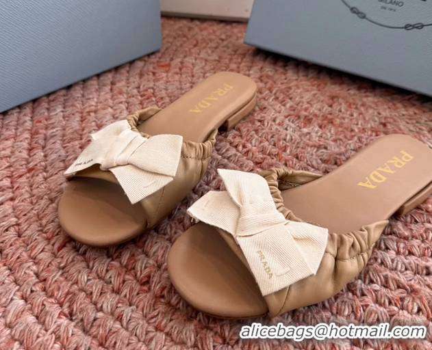 Good Quality Prada Bow Brown Leather Flat Slides Sandals 6051003 Brown