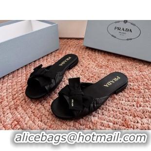 Shop Duplicate Prada Bow Black Leather Flat Slides Sandals 6051003 Black