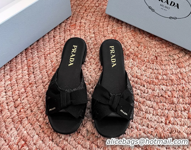 Shop Duplicate Prada Bow Black Leather Flat Slides Sandals 6051003 Black