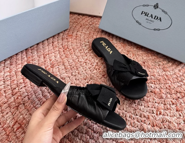 Shop Duplicate Prada Bow Black Leather Flat Slides Sandals 6051003 Black