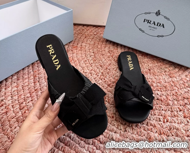Shop Duplicate Prada Bow Black Leather Flat Slides Sandals 6051003 Black