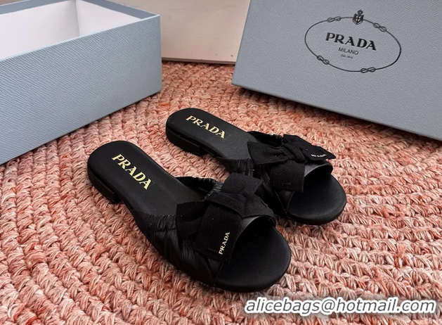 Shop Duplicate Prada Bow Black Leather Flat Slides Sandals 6051003 Black