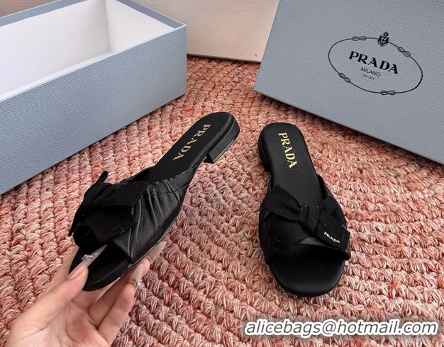 Shop Duplicate Prada Bow Black Leather Flat Slides Sandals 6051003 Black