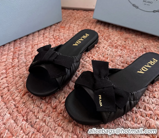 Shop Duplicate Prada Bow Black Leather Flat Slides Sandals 6051003 Black