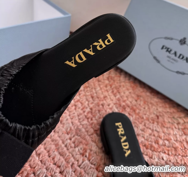 Shop Duplicate Prada Bow Black Leather Flat Slides Sandals 6051003 Black