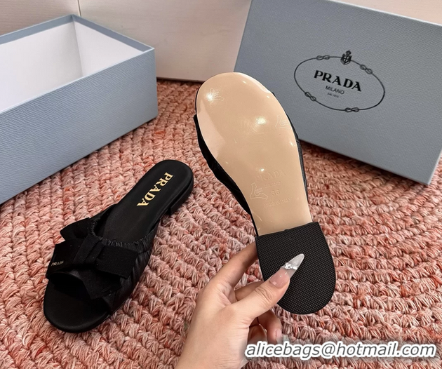 Shop Duplicate Prada Bow Black Leather Flat Slides Sandals 6051003 Black