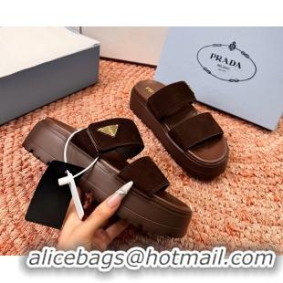 Best Product Prada Suede Leather Band Platform Slides Sandals 6051004 Dark Brown