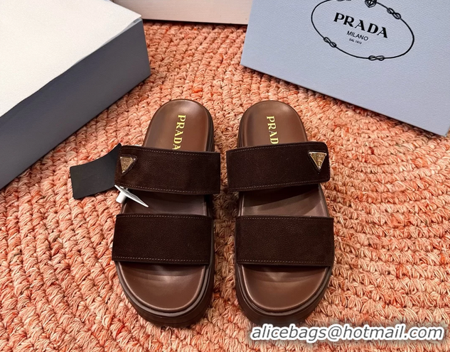 Best Product Prada Suede Leather Band Platform Slides Sandals 6051004 Dark Brown