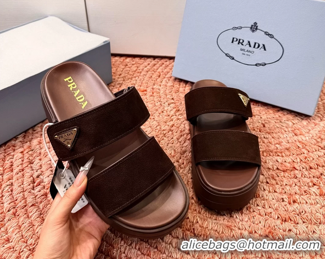 Best Product Prada Suede Leather Band Platform Slides Sandals 6051004 Dark Brown