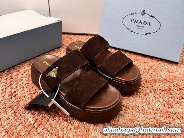 Best Product Prada Suede Leather Band Platform Slides Sandals 6051004 Dark Brown