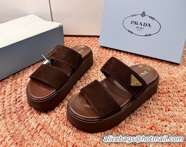 Best Product Prada Suede Leather Band Platform Slides Sandals 6051004 Dark Brown