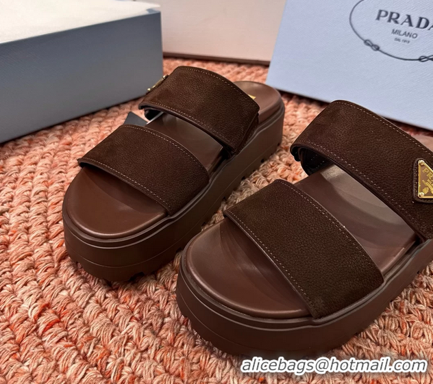 Best Product Prada Suede Leather Band Platform Slides Sandals 6051004 Dark Brown