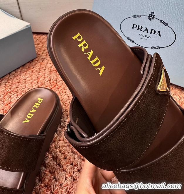 Best Product Prada Suede Leather Band Platform Slides Sandals 6051004 Dark Brown