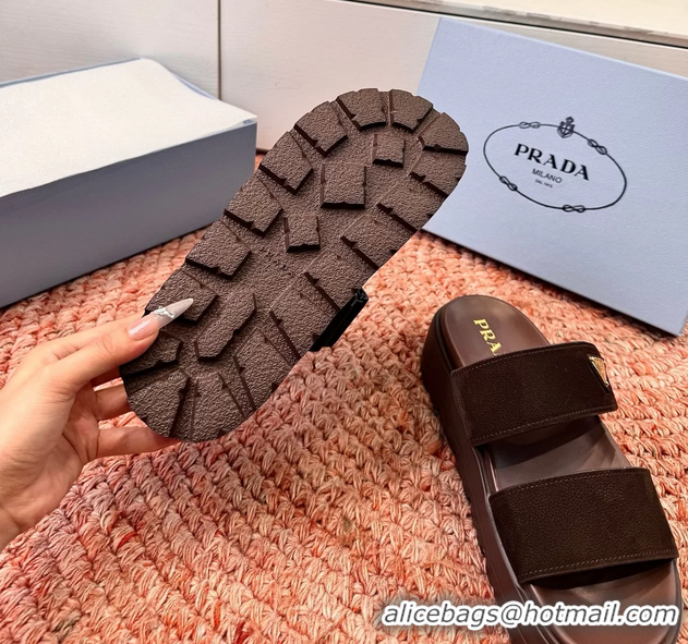 Best Product Prada Suede Leather Band Platform Slides Sandals 6051004 Dark Brown