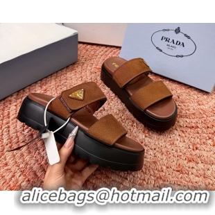 Cheap Price Prada Suede Leather Band Platform Slides Sandals 6051004 Brown