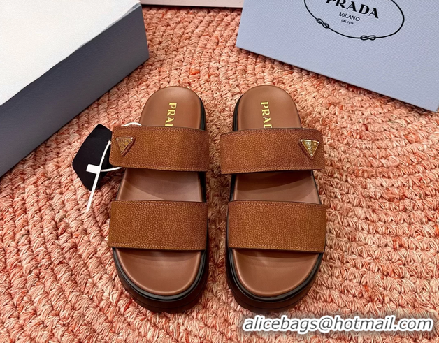 Cheap Price Prada Suede Leather Band Platform Slides Sandals 6051004 Brown