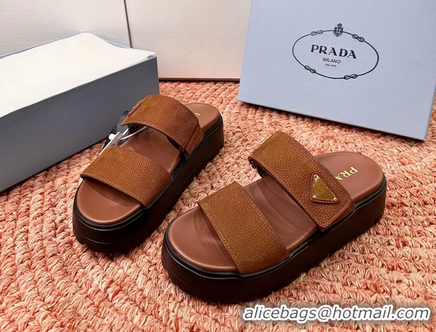 Cheap Price Prada Suede Leather Band Platform Slides Sandals 6051004 Brown