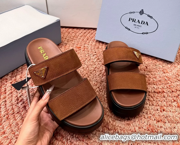 Cheap Price Prada Suede Leather Band Platform Slides Sandals 6051004 Brown