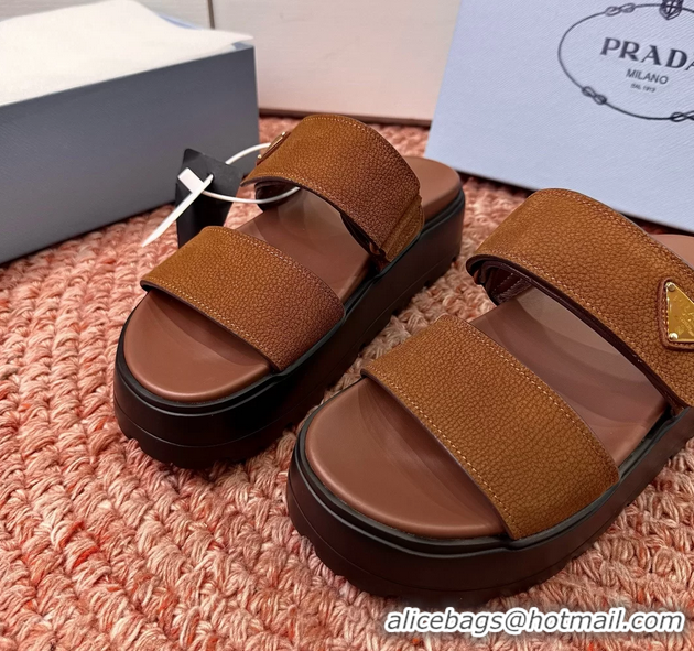Cheap Price Prada Suede Leather Band Platform Slides Sandals 6051004 Brown