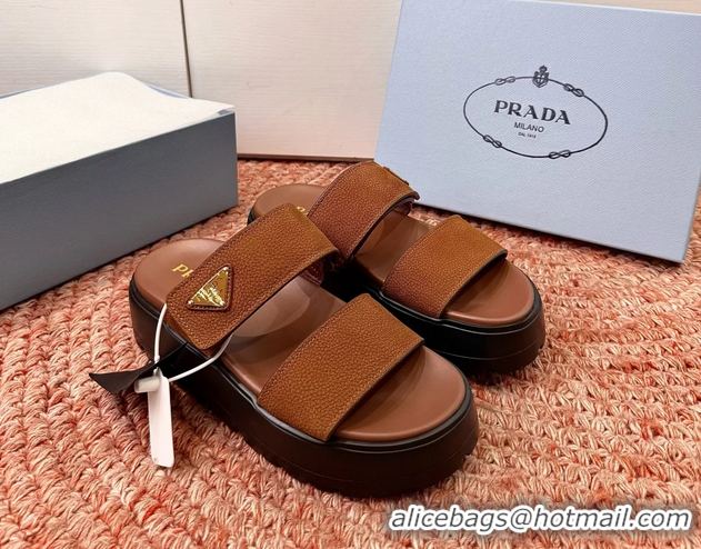 Cheap Price Prada Suede Leather Band Platform Slides Sandals 6051004 Brown