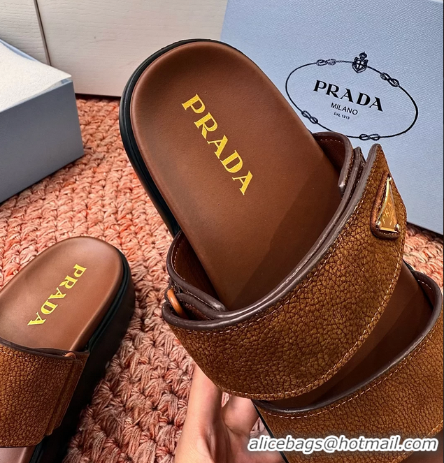 Cheap Price Prada Suede Leather Band Platform Slides Sandals 6051004 Brown