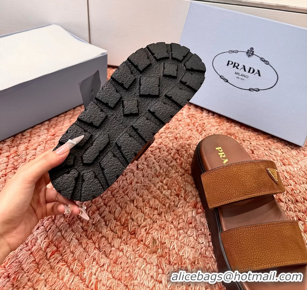 Cheap Price Prada Suede Leather Band Platform Slides Sandals 6051004 Brown