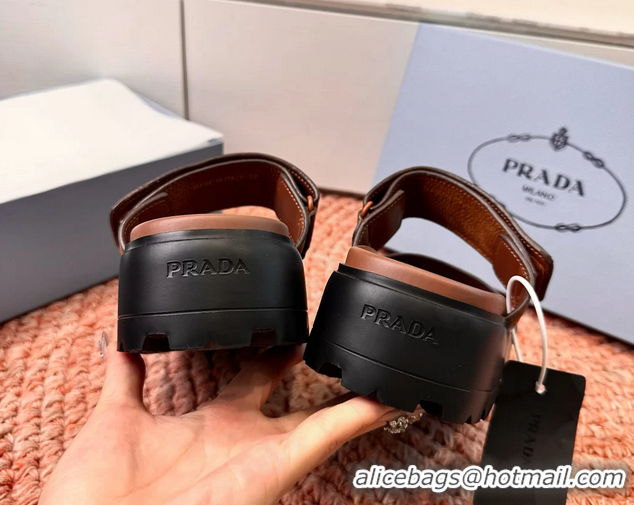 Cheap Price Prada Suede Leather Band Platform Slides Sandals 6051004 Brown