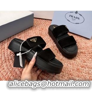Grade Quality Prada Suede Leather Band Platform Slides Sandals 6051004 Black