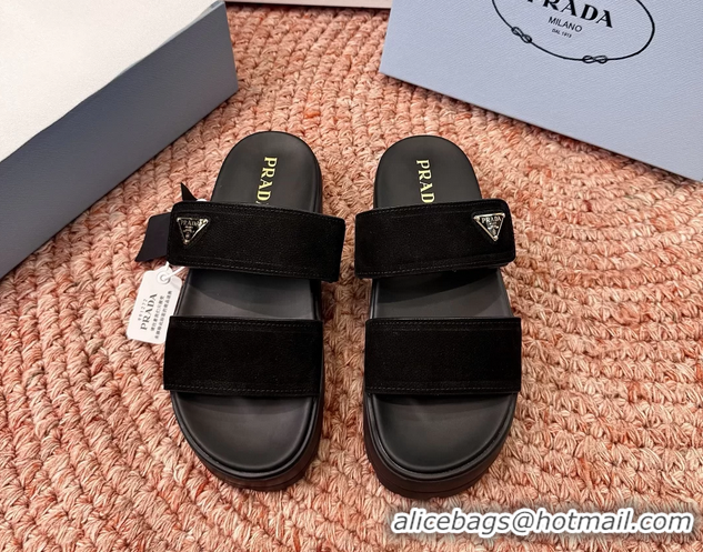 Grade Quality Prada Suede Leather Band Platform Slides Sandals 6051004 Black