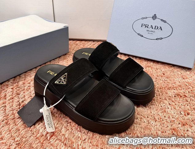 Grade Quality Prada Suede Leather Band Platform Slides Sandals 6051004 Black