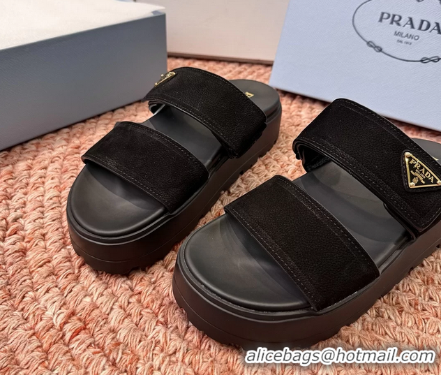 Grade Quality Prada Suede Leather Band Platform Slides Sandals 6051004 Black